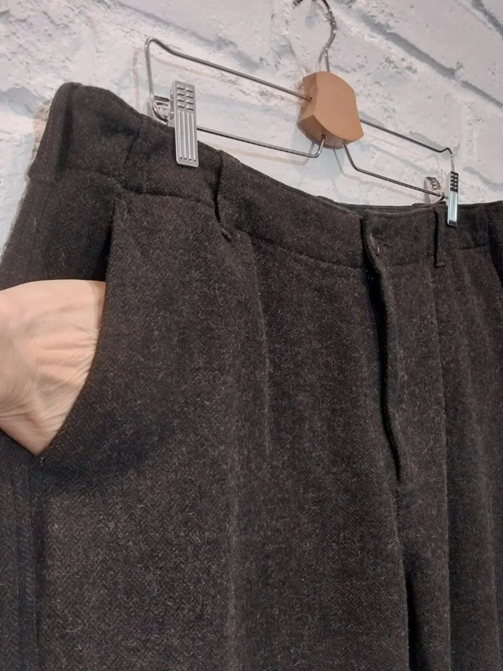 Vintage J Crew Pants 38x30 Brown Herringbone Heavy Wool Blend Flat Front Trouser